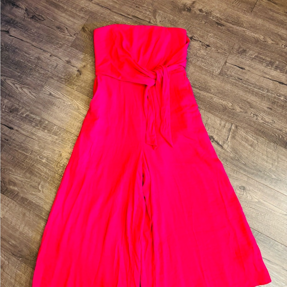 Anthropologie Maeve Brin in Rose Pink Strapless Wide Crop Leg Jumpsuit Size 6